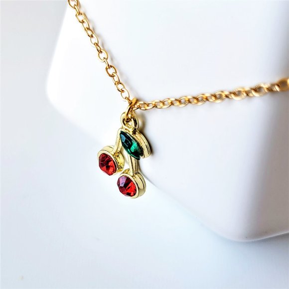 Red Cherry Necklace with Rhinestones Dainty Gold Chain Choker Y2K Jewelry - Picture 2 of 10